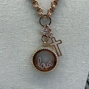 Origami Owl Rose Goldtone Necklace Hinged Locket + Cross charm for Teen/Adult